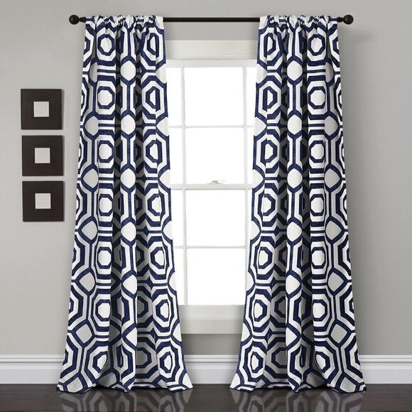 Room Darkening Window Curtain Navy 52X84 Set Half Moon Octagon Blocks #2567 - Picture 1 of 8